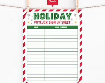 Holiday Potluck Sign Up Sheet, Canva Template, Christmas Party Food List Printable