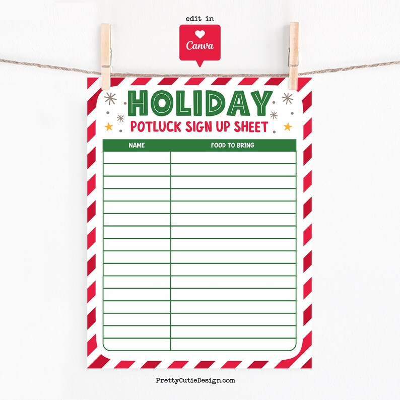 Holiday Potluck Sign up Sheet, Canva Template, Christmas Party Food ...