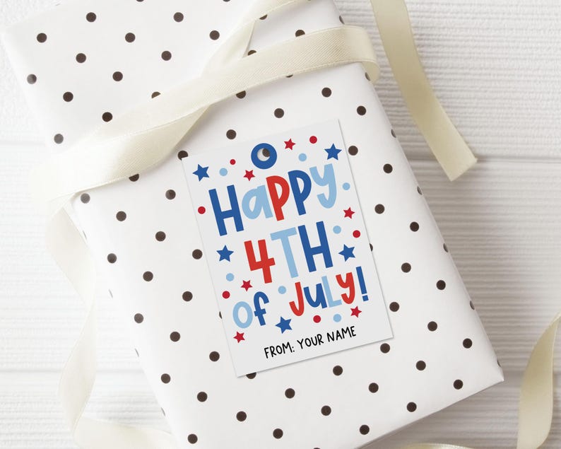 Fourth of July printable gift tag with star accents and bold text, editable PDF template perfect for adding a personal touch to holiday gifts