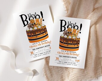 Halloween Birthday Invitation Printable, Editable Hey Boo Chocolate Candy Cake Invite, Kids Spooky Birthday Party Canva Template