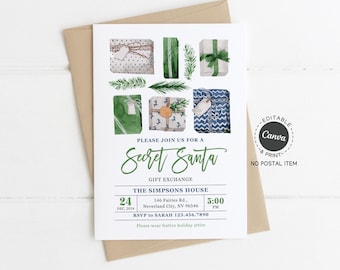 Secret Santa Invitation Template: Watercolor Gifts, 5x7, Editable in Canva (Printable)