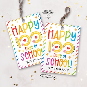 Étiquettes cadeaux Happy 100 Days of School, étiquettes cadeaux imprimables du 100e jour d’école, étiquette du 100e jour de la fête en classe, étiquettes de faveur de célébration de 100 jours