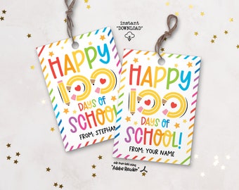 Happy 100 Days Of School Gift Tags, 100th Day Of School Printable Gift Tags, Classroom Party 100th Day Tag, 100 Days Celebration Favor Tags