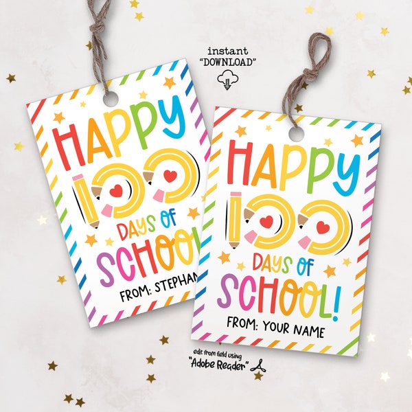 Happy 100 Days Of School Gift Tags, 100th Day Of School Printable Gift Tags, Classroom Party 100th Day Tag, 100 Days Celebration Favor Tags