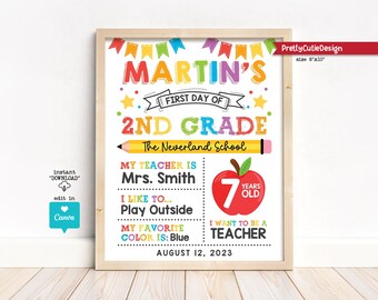Editable First Day of School Sign, Personalized Back to School Printable Sign, First Day of 2nd Grade Photo Prop Print, Canva Template