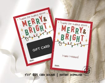 Christmas Gift Card Holder, Merry and Bright Teacher Thank You, School Holiday Printable, Instant Download