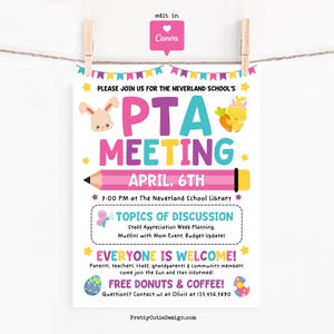Spring PTA PTO Meeting Flyer Printable, Editable April Parent Teacher Meeting Sign, Easter Staff Appreciation & Budget Poster Canva Template