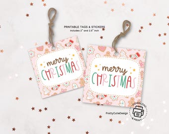 Square Christmas Tag, Pink Gingerbread Printable, Pastel Holiday Favor, Kids Cookie Exchange Label