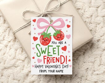 Sweet Friend Valentine Gift Tags, Strawberry Classroom Treat Bag Printable for Kids, Digital Download