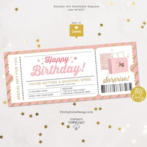 Shopping Spree Geschenkgutschein editierbare Vorlage, Geburtstag Surprise Ticket, Shopping Day Geschenkgutschein druckbar, Geburtstag Coupon Vorlage
