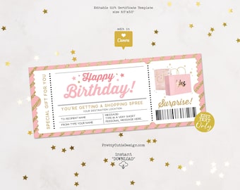 Shopping Spree Gift Certificate Editable Template, Birthday Surprise Ticket, Shopping Day Gift Voucher Printable, Birthday Coupon Template