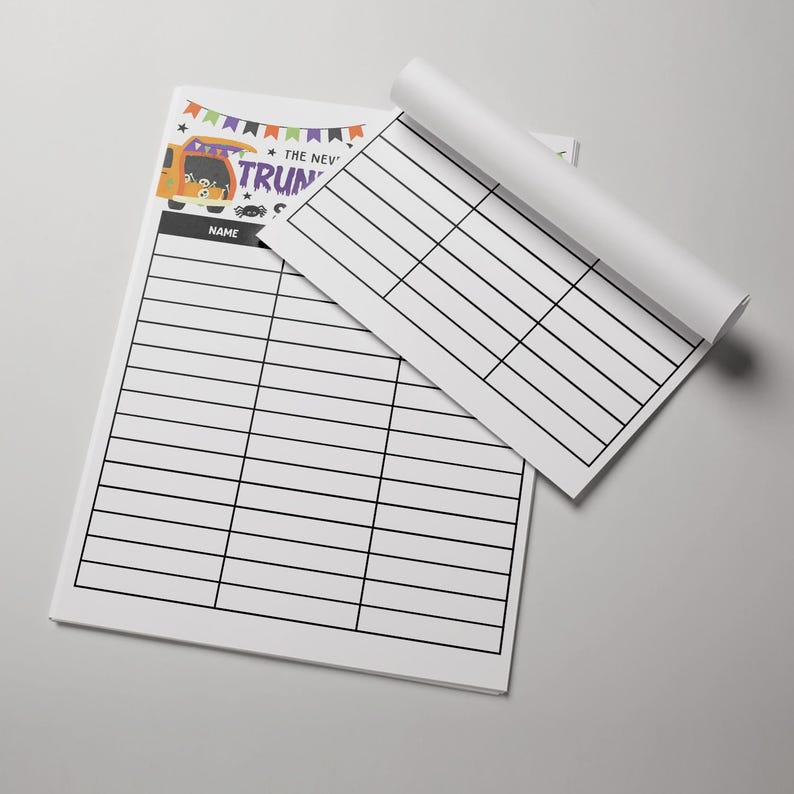 Halloween-themed printable signup sheet for trunk or treat events, includes colorful festive designs, editable template in Canva, used by teachers or parents to coordinate school Halloween celebrations.