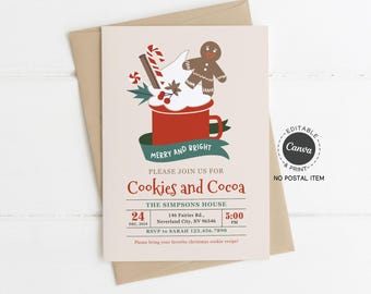 Cookies and Cocoa Invitation Printable, Christmas Party Canva Template, 5x7 (Digital)