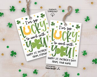 Happy St Patricks Day Printable Gift Tags, Lucky To Work With You Co-Worker Gift Tag, Staff Thank You St Pattys Day Coworker Thank You Tag