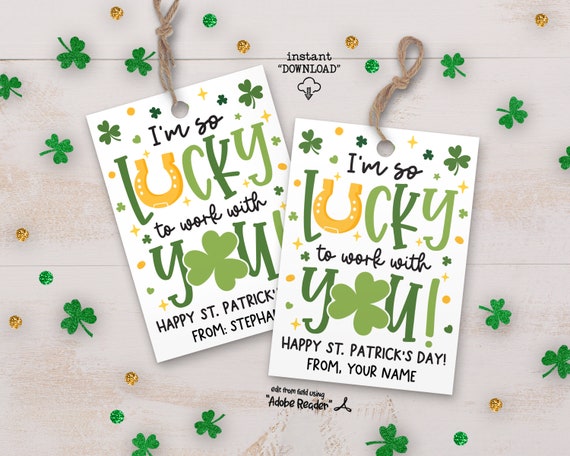 Happy St Patricks Day Printable Gift Tags, Lucky To Work With You Co-Worker Gift Tag, Staff Thank You St Pattys Day Coworker Thank You Tag