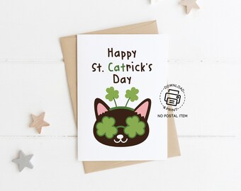 St Patricks Day Greeting Cards, Cat St Patricks Day Card, Cat Printable Funny Greeting Cards, Happy St Patricks Blank Greeting Card