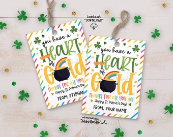 St Patricks Day Teacher Staff Appreciation School PTO PTA Treat Tag, Heart Of Gold Printable Gift Tags, St Patty's Day Thank You Gift Tag