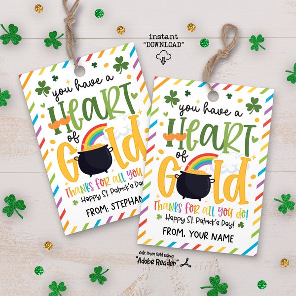 St Patricks Day Teacher Staff Appreciation School PTO PTA Treat Tag, Heart Of Gold Printable Gift Tags, St Patty's Day Thank You Gift Tag