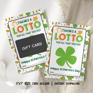 Thanks A Lotto St Patricks Day Gift Card Holder, Thank You Gift Card Holder, Teacher Printable Gift Card, Teacher Thank You Giftcard Holder