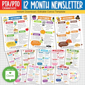 Monthly Classroom Newsletter Template, 12 Month Editable Canva Newsletter, Printable School Bulletin Board Updates, Parent Communication