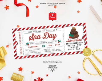 Spa Day Voucher Christmas Ticket, Canva Template, Printable Experience Coupon Gift For Her