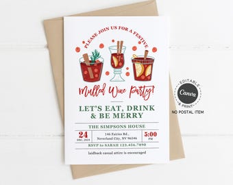 Mulled Wine Party Invitation Template: Eat, Drink & Be Merry, Editable Canva, 5x7 Printable