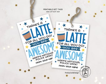 National Police Week Tag, Police Week Gifts, Thanks A Latte Tag, Police Officer Gifts, Police Week Gift Tag Printable, Police Appreciation