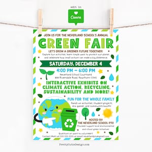 Plantilla de folleto para feria verde escolar, póster editable en Canva, evento del Día de la Tierra