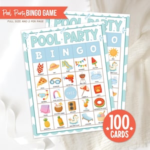 May include: Pool Party Bingo Game cards featuring summer-themed illustrations on a light blue background. The game includes 100 cards and is full size, with two per page. The text "Pool Party Bingo Game" is at the top. The images include a swimsuit and pizza.