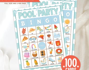 Pool Party Bingo Game Printable, Summer Activity for Kids, 100 Unique Cards, Instant Download PDF, Fun Birthday Poolside Game