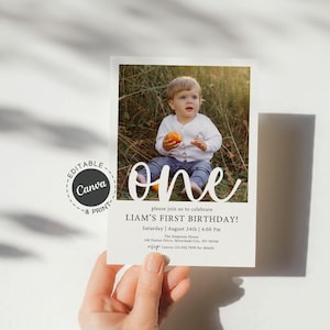 Convite minimalista para o primeiro aniversário de um menino, convite para festa de aniversário com foto para impressão, cartão simples de aniversário de um ano com design moderno