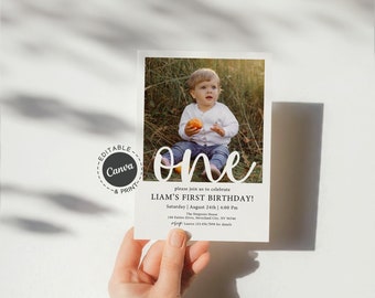 Minimalist First Birthday Invitation for Boy, Printable Photo Birthday Party Invite, Simple One Year Old Birthday Card with Modern Design