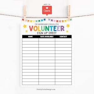 Modelo de planilha de inscrição de voluntários editável: Formulário de evento escolar PTO/PTA (download em PDF do Canva)