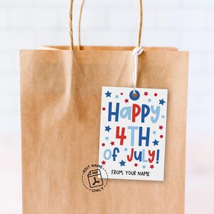 Editable 4th of July tag for party treats, features bold and playful font, red and blue stars, instantly downloadable and customizable