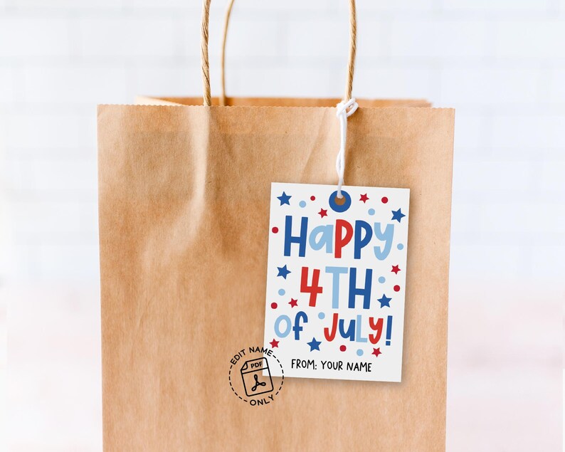 Editable 4th of July tag for party treats, features bold and playful font, red and blue stars, instantly downloadable and customizable