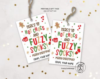 Christmas Gift Tags Printable, Hot Chocs and Fuzzy Socks, Cozy Winter Treat Labels