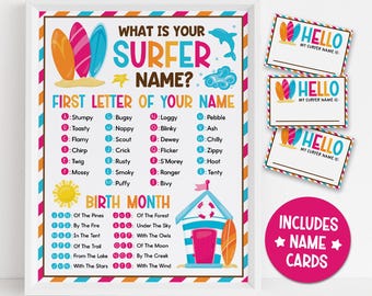 Surfer Name Game Printable, Summer Beach Party Activity for Kids, Ocean Birthday Classroom Game, Fun Printable Name Tags, Instant Download