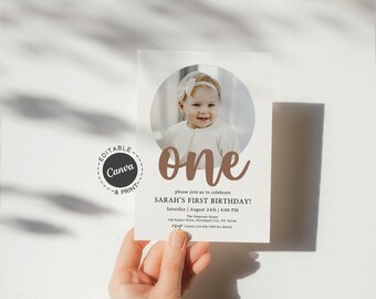 Minimalist First Birthday Invitation, Photo First Birthday Invite for Girl, Printable 1st Birthday Party Card with Modern Design