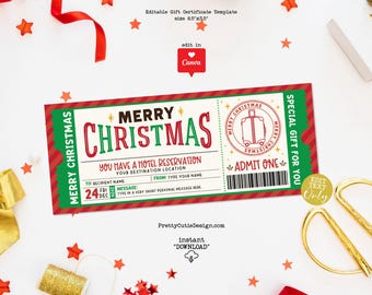 Christmas Hotel Reservation Ticket, Surprise Trip Reveal Voucher, Printable Travel Gift Coupon