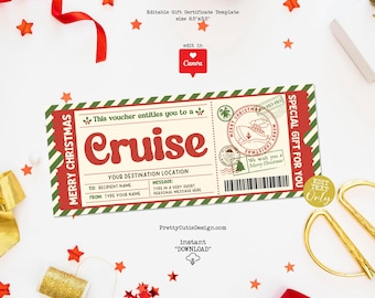 Christmas Cruise Gift Voucher Template Printable, Editable Cruise Trip Reservation Gfit Certificate, Christmas Surprise Cruise Ticket Coupon