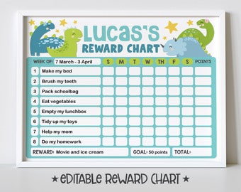 Dinosaur Reward Chart for Kids, Simple Kids Editable Reward Chart - Digital Template INSTANT DOWNLOAD