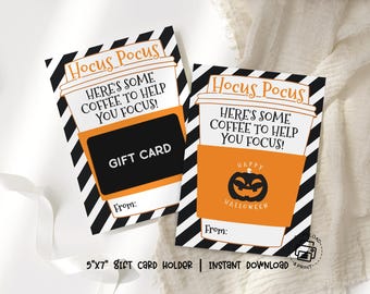 Hocus Pocus Coffee Gift Card Holder Printable, Halloween Teacher or Coworker Appreciation Card, Black Stripe Gift Card Envelope Download