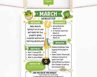 March Classroom Newsletter Template, Editable Monthly School Newsletter Flyer, St. Patrick's Day Parent Teacher Update Printable Canva