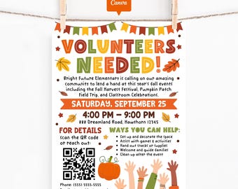 Fall Volunteer Recruitment Flyer Canva Template: Editable School Event Poster