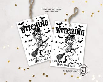 Halloween Gift Tags Printable, Retro Witch Halloween Tag, Vintage Pinup Halloween Favor Tags, Witching You a Happy Halloween Treat Bag Label