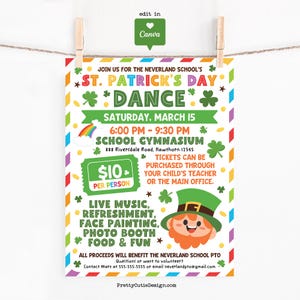 May include: A vibrant St. Patrick's Day dance poster with text and illustrations. The poster advertises the event's details, including date, time, location, ticket cost, and activities. The design incorporates shamrocks, a rainbow, and a leprechaun.