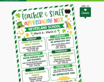 Editable St Patricks Day Teacher Appreciation Week Itinerary Flyer Template, March Theme School PTO PTA Event Flyer Printable Design