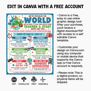 Around the world teacher appreciation week flyer for principals, PTO organizers, and room parents to personalize and print for school staff celebrations, showing playful travel graphics like airplanes, luggage, sunglasses, postcards, and a globe in blue, green, red, and yellow tones.