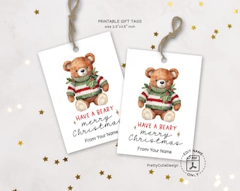 Watercolor Bear Christmas Gift Tags, Printable Holiday Favor (PDF Pattern)