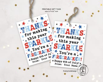 4th of July Thank You Gift Tag Printable, Thanks for Making This Year Sparkle, Editable PDF Tag, Firecracker Theme Instant Download